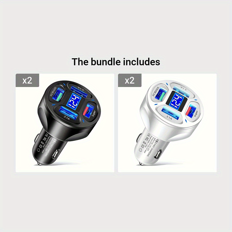 120W Car Charger Fast Charging 4 Usb Digital Display Car Fast Charger 4-in-1 PD Mobile Phone Charging Head 7AQC3.0 Car Phone Adapter Car Accessories