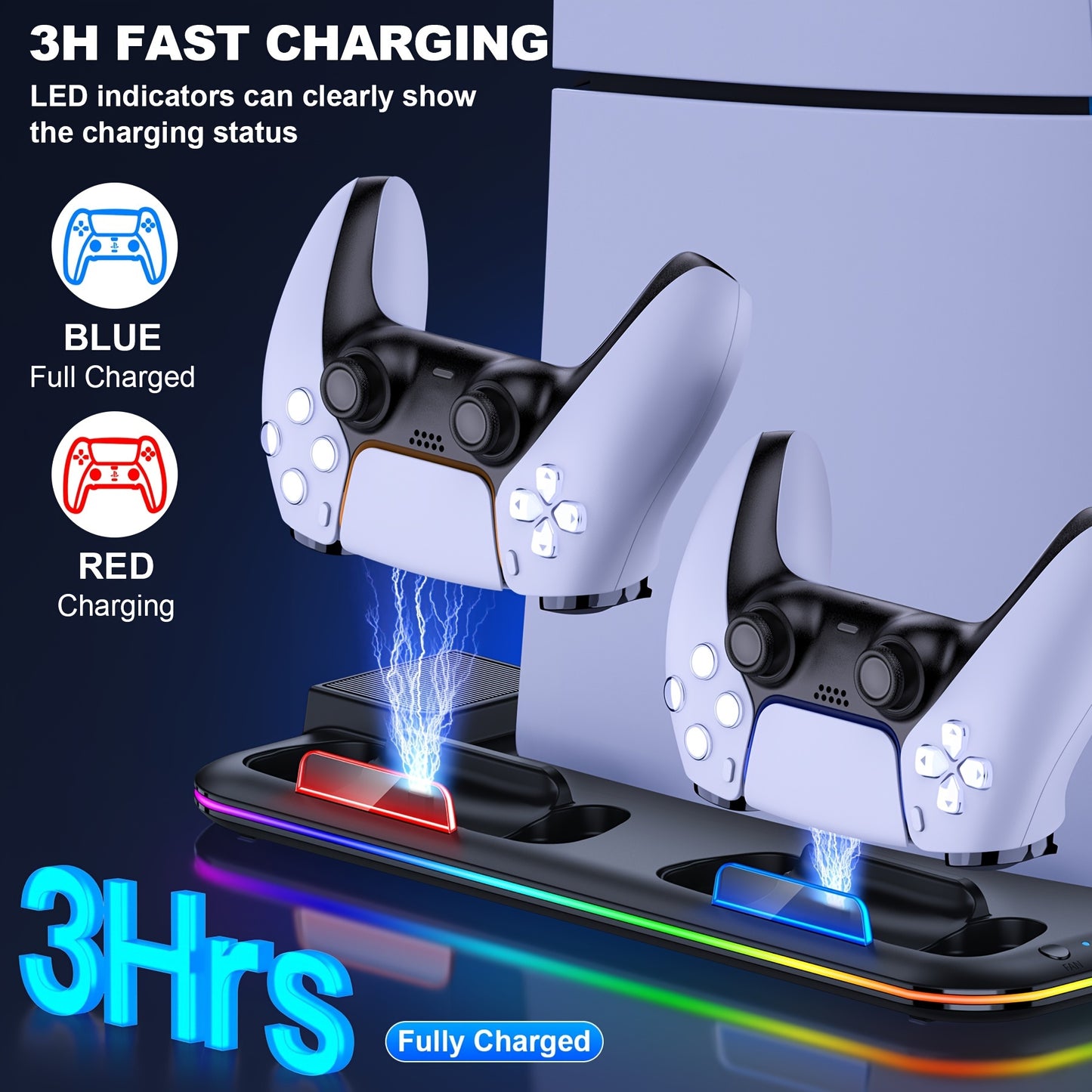 For PS5 Stand Accessories For PS5 Slim New, PS5 Stand With 3-Cooling Fan PS5 Cooler/RGB Light/15 Games Storage, For Playstation 5 Stand For PS5 Slim Disc & Digital Console-White