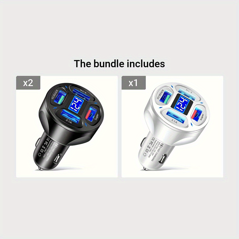 120W Car Charger Fast Charging 4 Usb Digital Display Car Fast Charger 4-in-1 PD Mobile Phone Charging Head 7AQC3.0 Car Phone Adapter Car Accessories