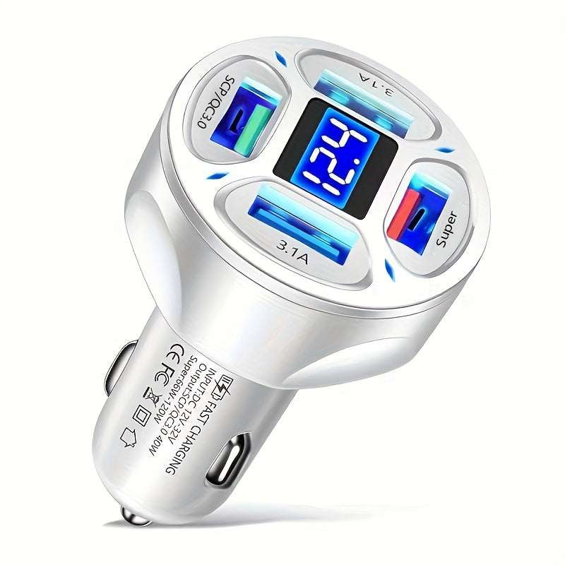 120W Car Charger Fast Charging 4 Usb Digital Display Car Fast Charger 4-in-1 PD Mobile Phone Charging Head 7AQC3.0 Car Phone Adapter Car Accessories