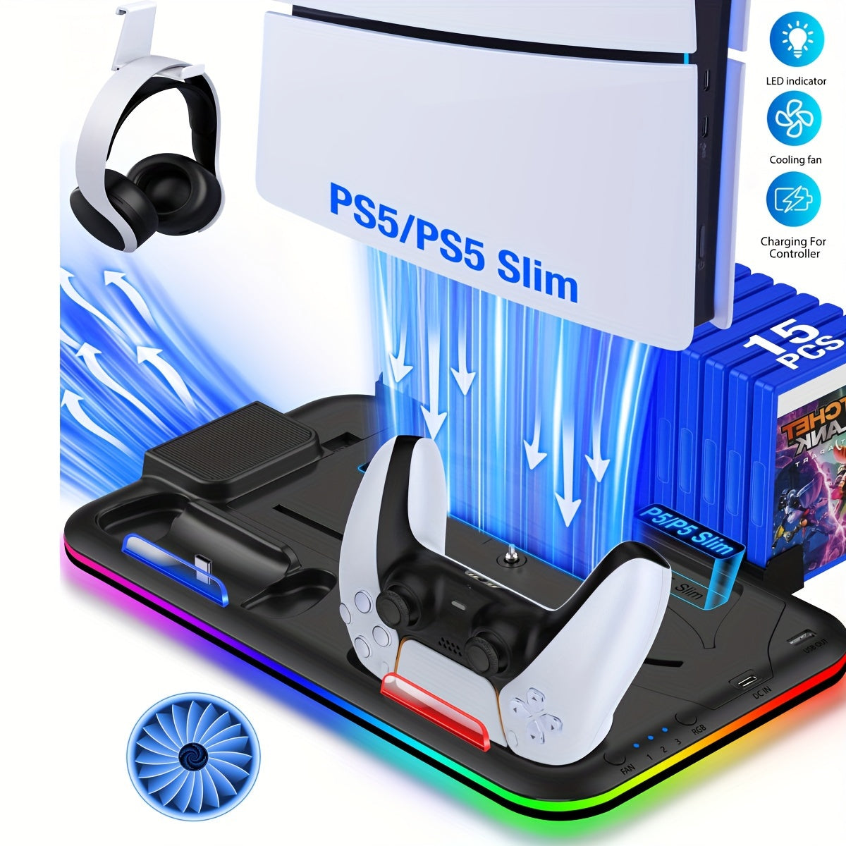 For PS5 Stand Accessories For PS5 Slim New, PS5 Stand With 3-Cooling Fan PS5 Cooler/RGB Light/15 Games Storage, For Playstation 5 Stand For PS5 Slim Disc & Digital Console-White