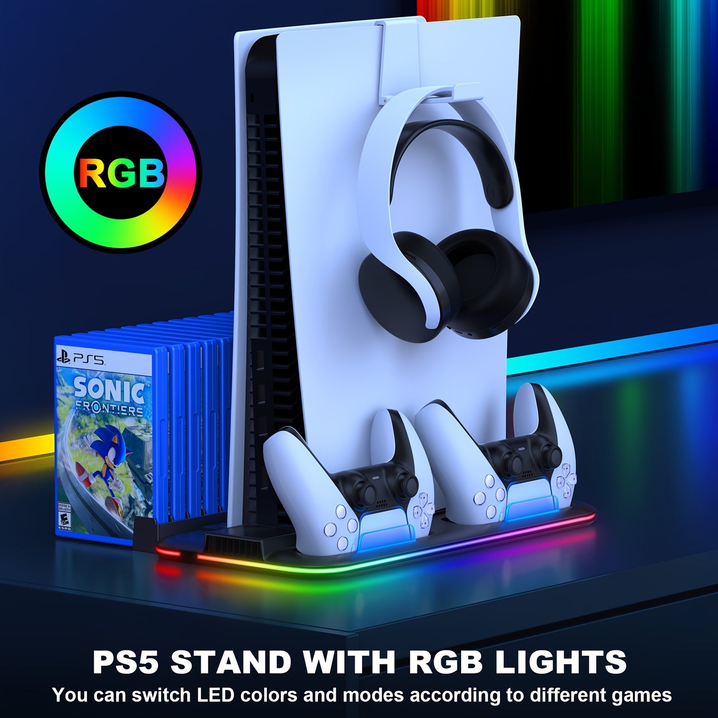 For PS5 Stand Accessories For PS5 Slim New, PS5 Stand With 3-Cooling Fan PS5 Cooler/RGB Light/15 Games Storage, For Playstation 5 Stand For PS5 Slim Disc & Digital Console-White