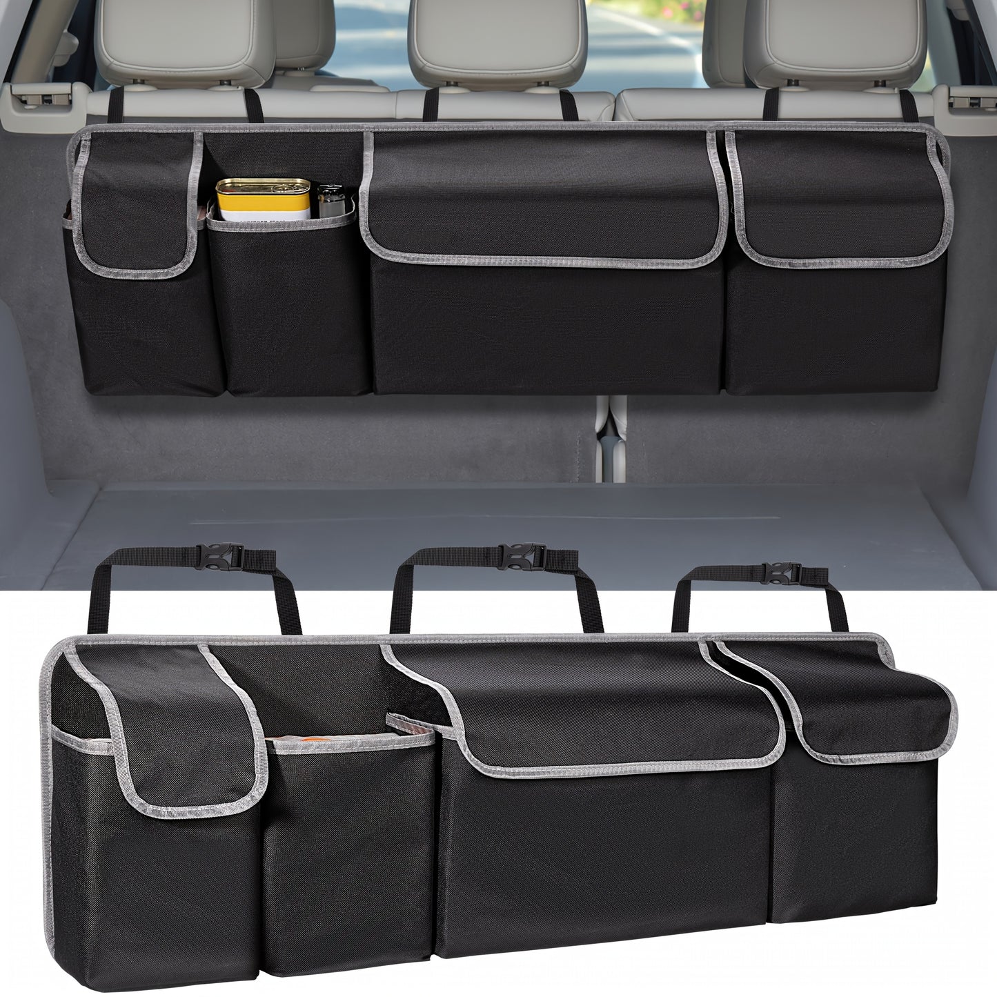 Organizator universal pentru spătarul scaunului auto, material Oxford 600D de mare capacitate cu buzunare multiple, material din fibră de poliester, soluție de depozitare pentru vehicul