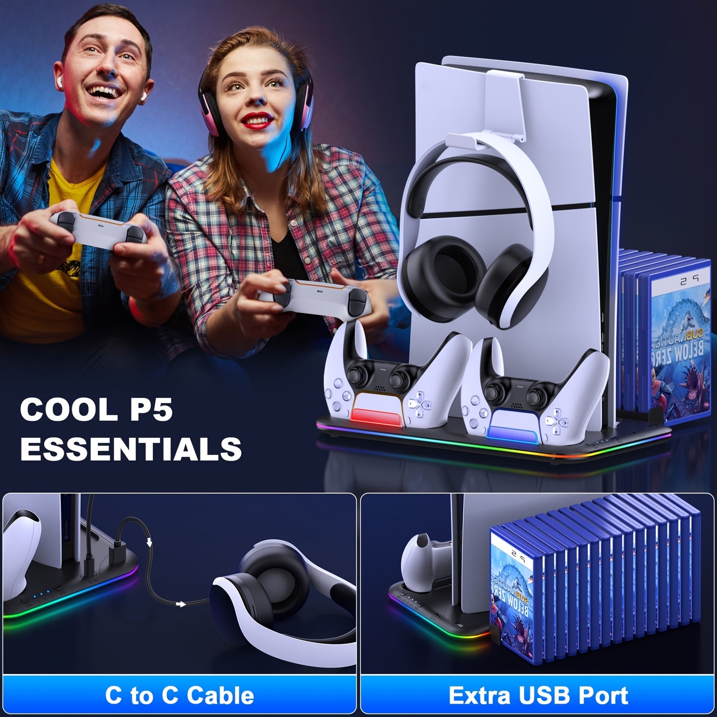 For PS5 Stand Accessories For PS5 Slim New, PS5 Stand With 3-Cooling Fan PS5 Cooler/RGB Light/15 Games Storage, For Playstation 5 Stand For PS5 Slim Disc & Digital Console-White