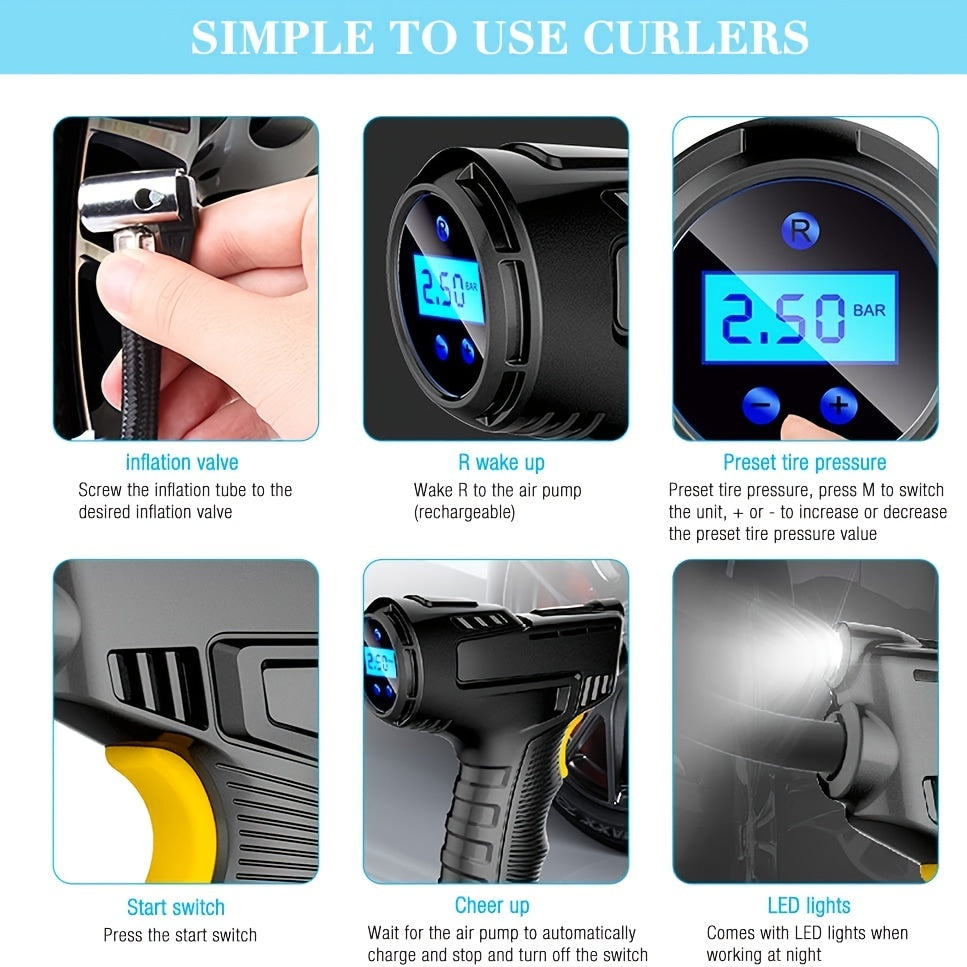 Pompă de aer auto wireless, compresor automat 120W, mini reîncărcabilă portabilă fără fir, umflator anvelope, echipament cu afișaj digital, pompă pentru mașină