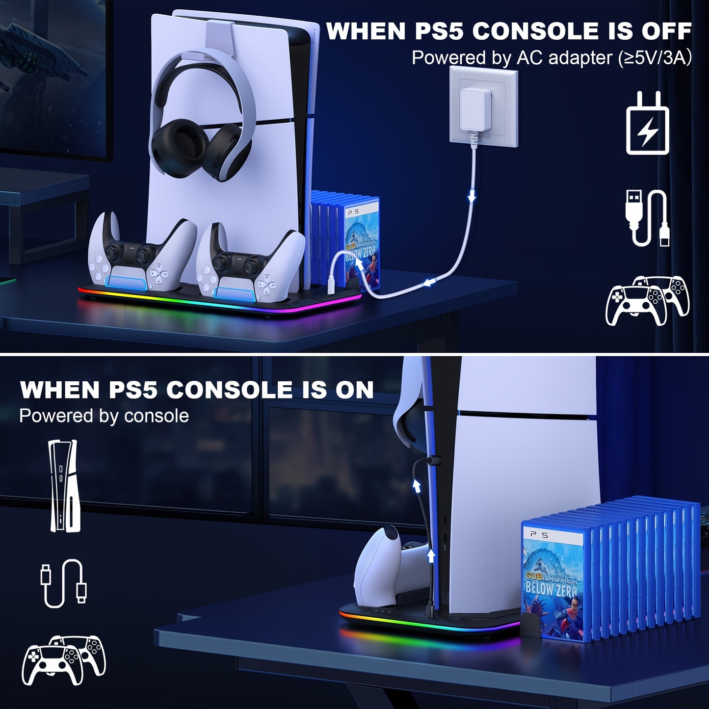 For PS5 Stand Accessories For PS5 Slim New, PS5 Stand With 3-Cooling Fan PS5 Cooler/RGB Light/15 Games Storage, For Playstation 5 Stand For PS5 Slim Disc & Digital Console-White