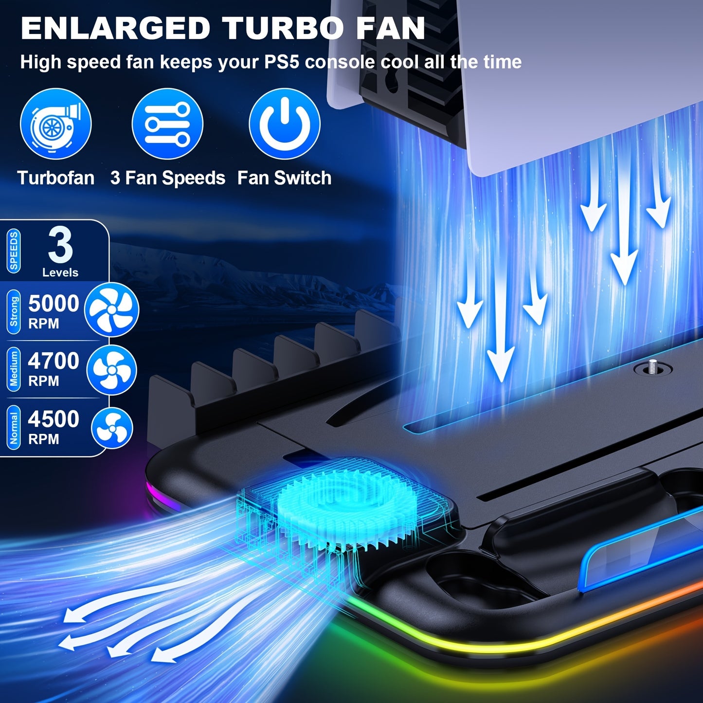 For PS5 Stand Accessories For PS5 Slim New, PS5 Stand With 3-Cooling Fan PS5 Cooler/RGB Light/15 Games Storage, For Playstation 5 Stand For PS5 Slim Disc & Digital Console-White