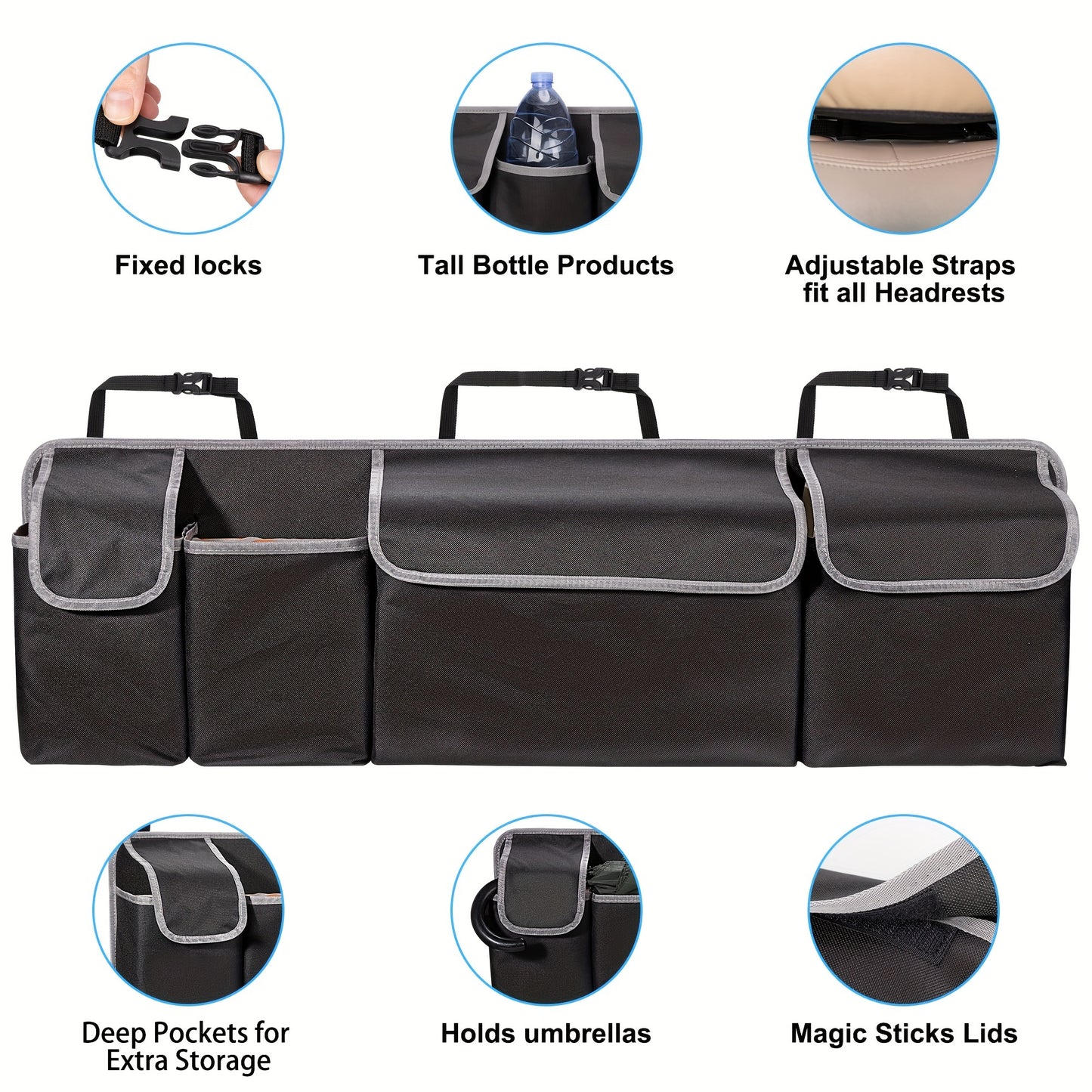 Organizator universal pentru spătarul scaunului auto, material Oxford 600D de mare capacitate cu buzunare multiple, material din fibră de poliester, soluție de depozitare pentru vehicul