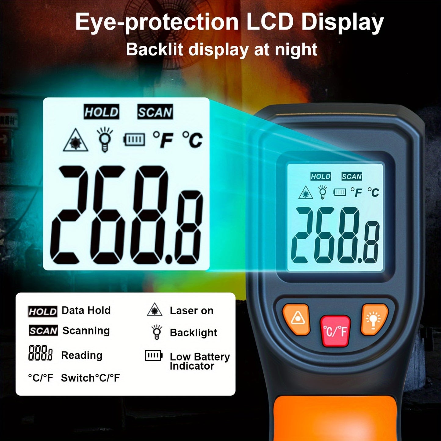 Infrarot-Thermometerpistole, Hand-Wärmetemperaturpistole für Kochtester, Pizzaofen, Grill und Motor – Laser-Oberflächentemperaturanzeige – 58 °F bis 1112 °F – NICHT für Menschen