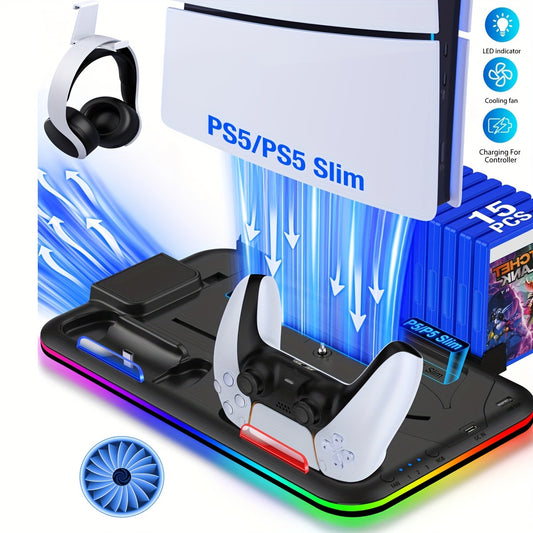 For PS5 Stand Accessories For PS5 Slim New, PS5 Stand With 3-Cooling Fan PS5 Cooler/RGB Light/15 Games Storage, For Playstation 5 Stand For PS5 Slim Disc & Digital Console-White