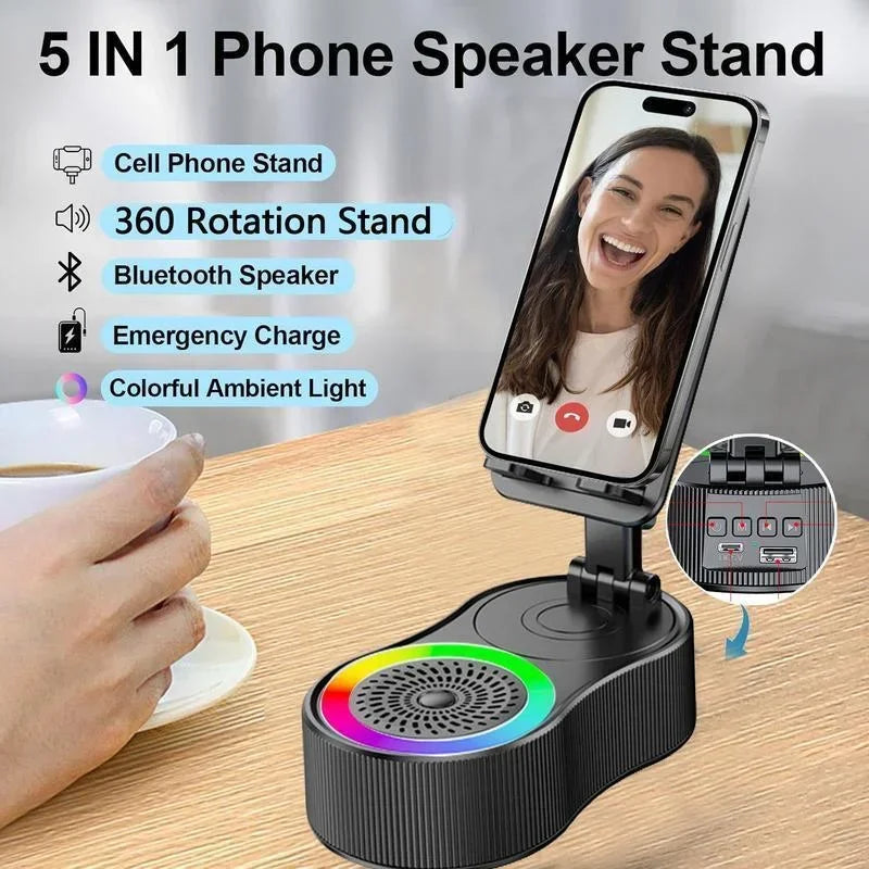 Boxă wireless cu suport pentru telefon, pliabilă, reglabilă, antiderapantă, rotativă la 360°, cu lumină ambientală colorată, subwoofer surround HD 5.3