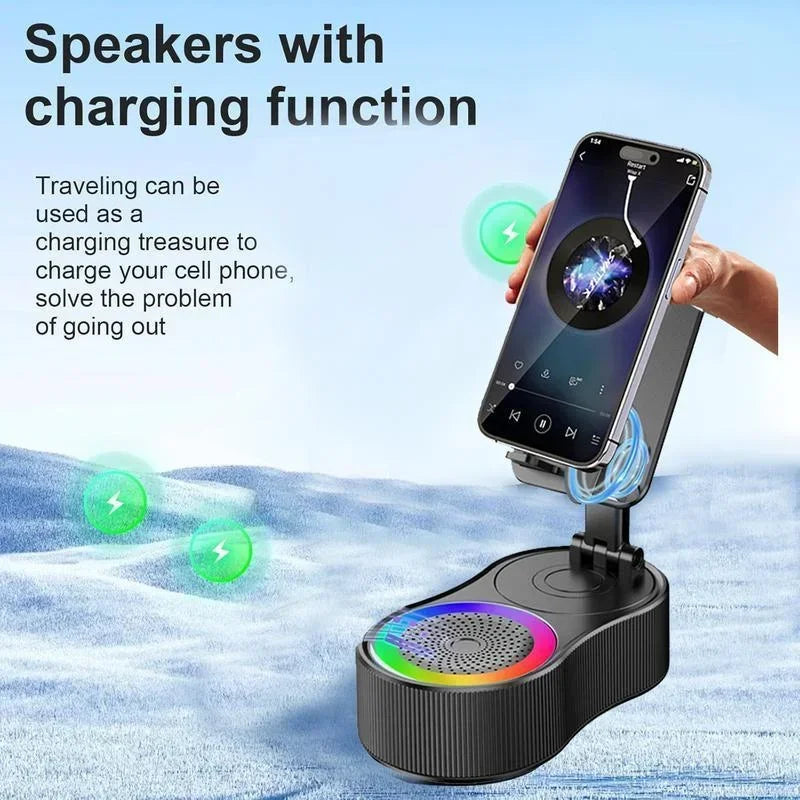 Boxă wireless cu suport pentru telefon, pliabilă, reglabilă, antiderapantă, rotativă la 360°, cu lumină ambientală colorată, subwoofer surround HD 5.3