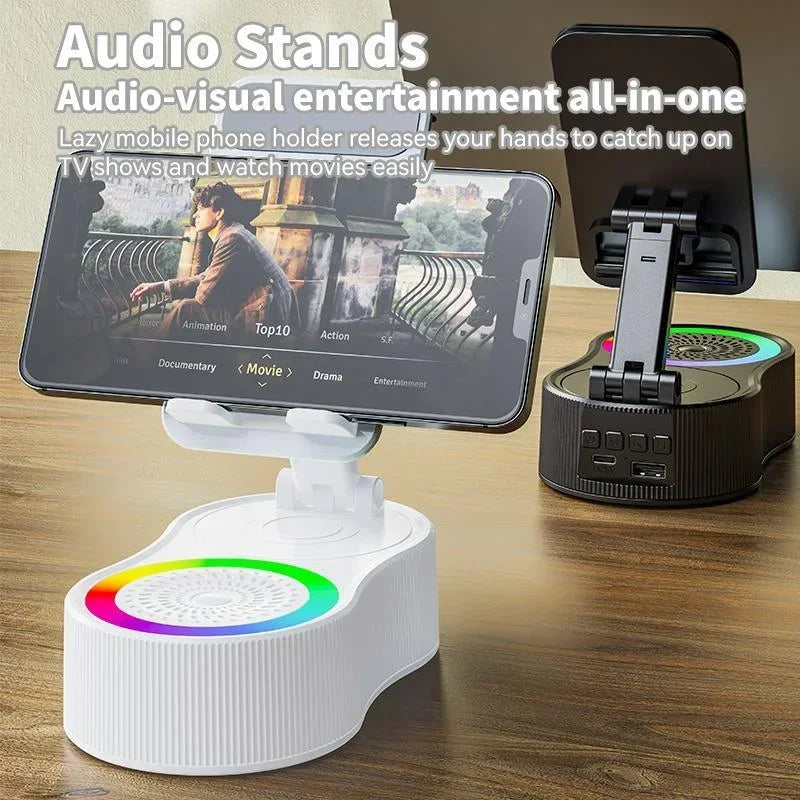 Boxă wireless cu suport pentru telefon, pliabilă, reglabilă, antiderapantă, rotativă la 360°, cu lumină ambientală colorată, subwoofer surround HD 5.3
