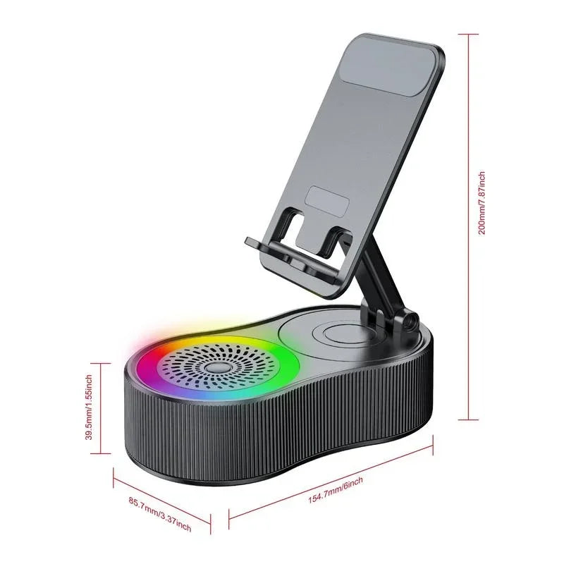 Boxă wireless cu suport pentru telefon, pliabilă, reglabilă, antiderapantă, rotativă la 360°, cu lumină ambientală colorată, subwoofer surround HD 5.3