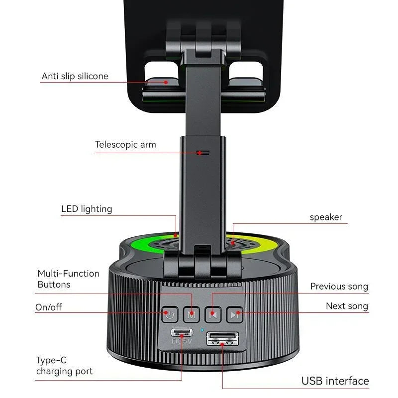 Boxă wireless cu suport pentru telefon, pliabilă, reglabilă, antiderapantă, rotativă la 360°, cu lumină ambientală colorată, subwoofer surround HD 5.3