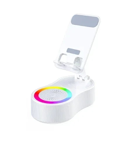 Boxă wireless cu suport pentru telefon, pliabilă, reglabilă, antiderapantă, rotativă la 360°, cu lumină ambientală colorată, subwoofer surround HD 5.3