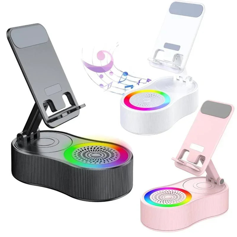 Boxă wireless cu suport pentru telefon, pliabilă, reglabilă, antiderapantă, rotativă la 360°, cu lumină ambientală colorată, subwoofer surround HD 5.3