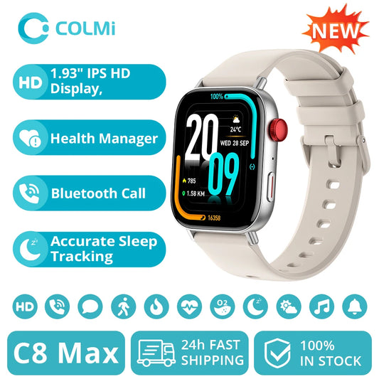Noul ceas inteligent COLMI C8 Max cu apeluri vocale, ecran color HD mare de 1,93", ceas inteligent de monitorizare a sănătății și a fitness-ului pentru bărbați și femei