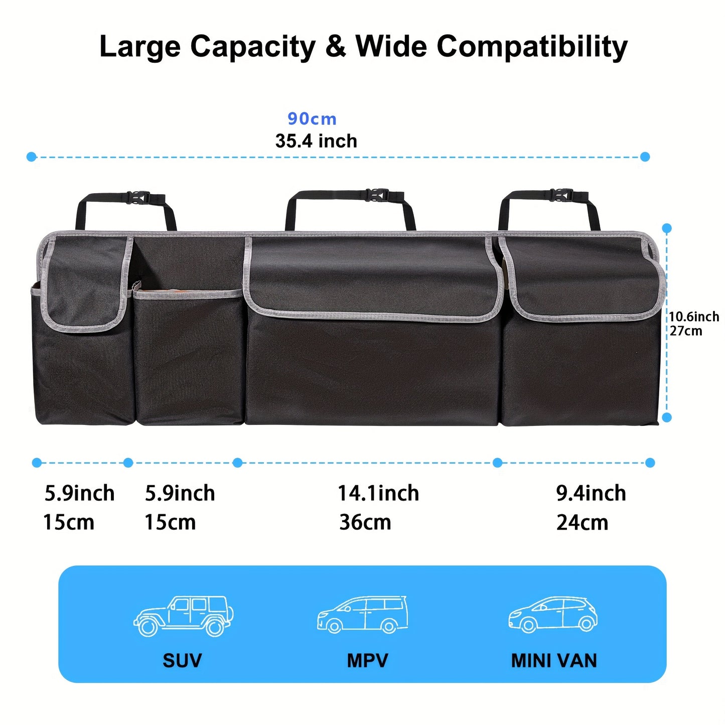 Organizator universal pentru spătarul scaunului auto, material Oxford 600D de mare capacitate cu buzunare multiple, material din fibră de poliester, soluție de depozitare pentru vehicul