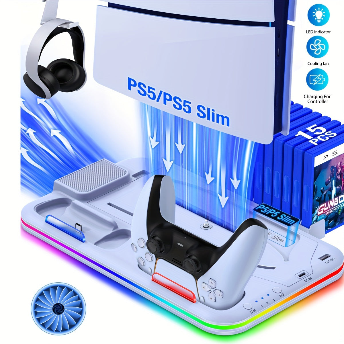 For PS5 Stand Accessories For PS5 Slim New, PS5 Stand With 3-Cooling Fan PS5 Cooler/RGB Light/15 Games Storage, For Playstation 5 Stand For PS5 Slim Disc & Digital Console-White