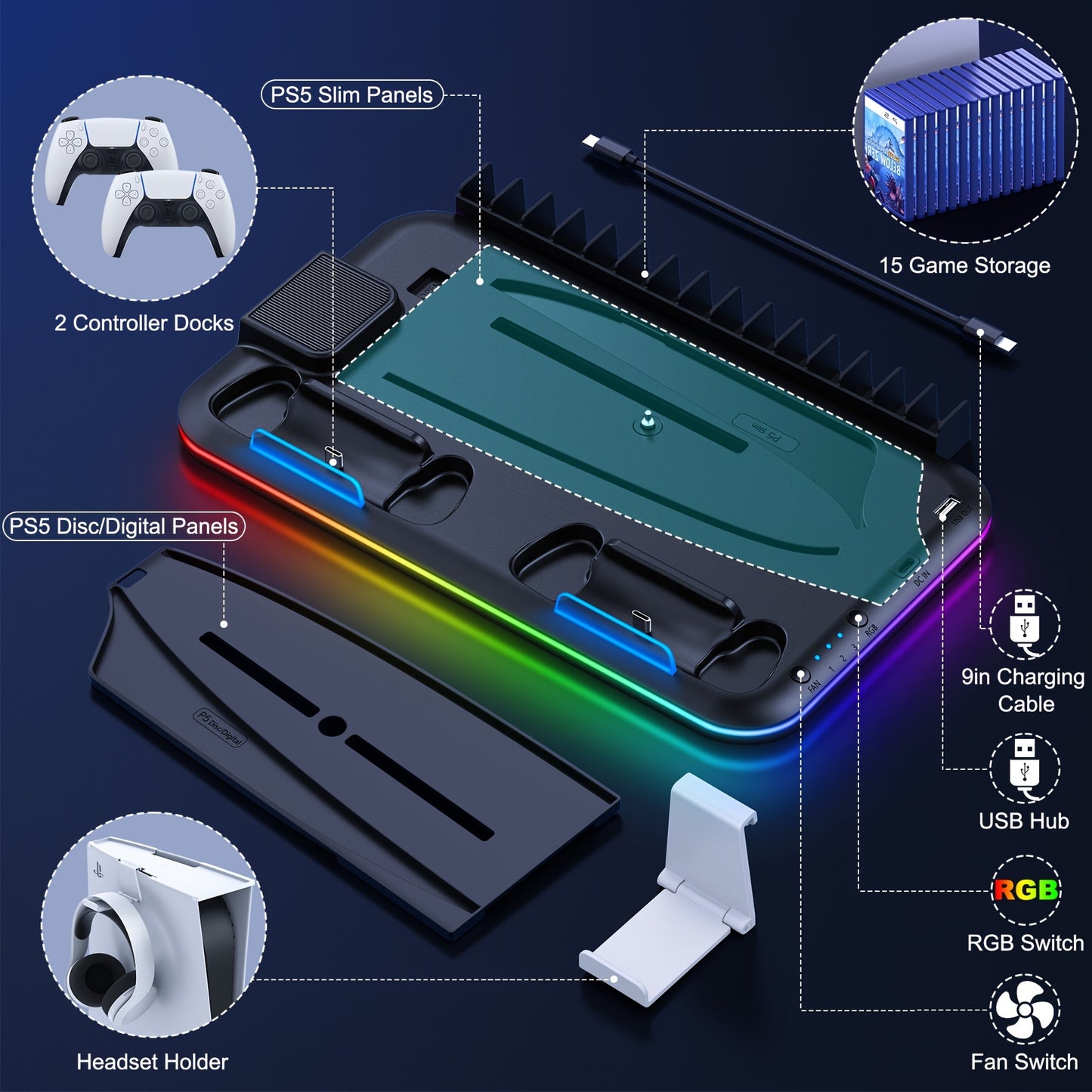 For PS5 Stand Accessories For PS5 Slim New, PS5 Stand With 3-Cooling Fan PS5 Cooler/RGB Light/15 Games Storage, For Playstation 5 Stand For PS5 Slim Disc & Digital Console-White