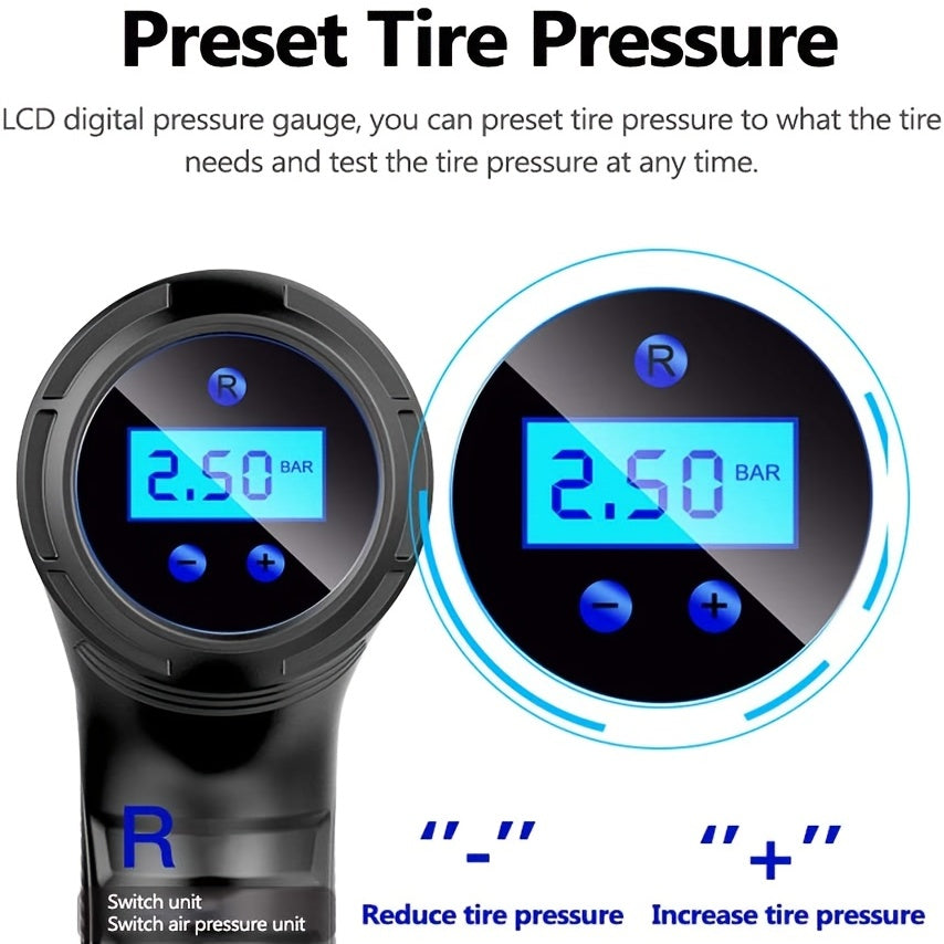 Pompă de aer auto wireless, compresor automat 120W, mini reîncărcabilă portabilă fără fir, umflator anvelope, echipament cu afișaj digital, pompă pentru mașină